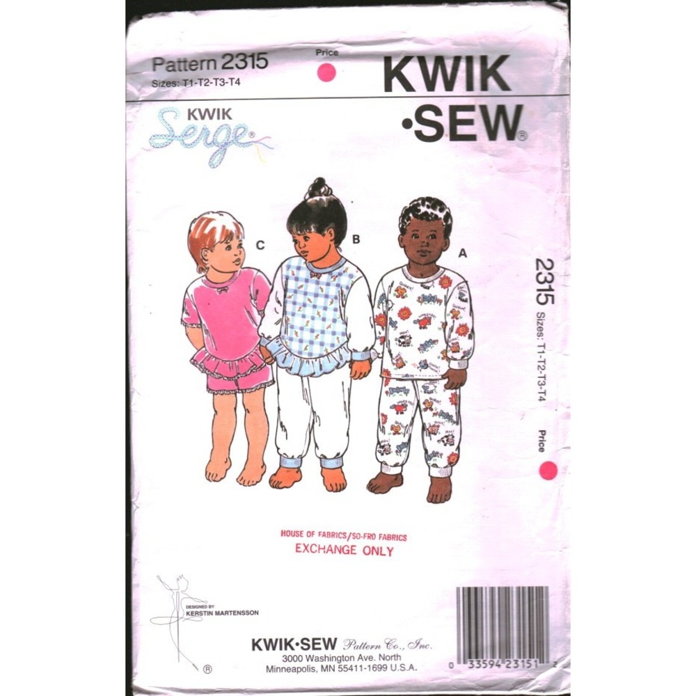Kwik Sew 2315 Toddlers Pajamas Sewing Pattern Sizes T1-T3 Kwik Serge Vintage